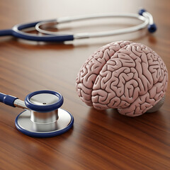 Brain with Stethoscope on Wooden Desk