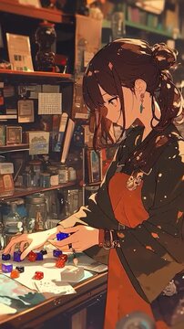 サイコロを手に取るアニメ美少女　ファンタジー工房の創作イラスト
