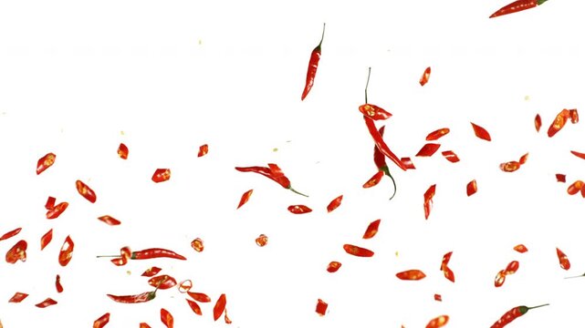 Super Slow Motion of Red Chili Peppers Hitting in the Air. Filmed on High Speed Cinema Camera at 1000 FPS