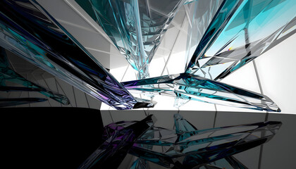 Abstract architectural interior with dynamic geometric structures of blue teal and purple glass reflecting in dark floor modern futuristic design concept high ceiling with white walls and dramatic