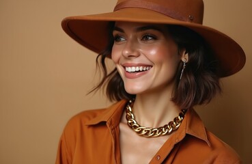 Woman wears brown wide brim hat, gold chain necklace, and rust colored shirt. She smiles widely, her face partially obscured. Autumn fashion concept with copy space.