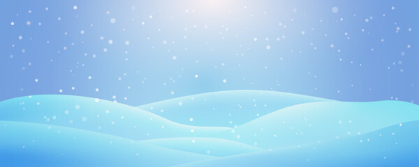 Winter snowfall landscape with snowy hills and soft blue gradient sky. Wide panoramic background for holiday season design. Editable vector illustration.