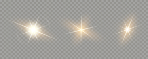 Set of lens flare light burst star effects overlay with golden glow rays on checkered PNG background. Editable vector illustration.