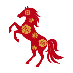 Chinese New Year red rearing horse silhouette decorated with gold Chinese coins and plum blossoms isolated on white. Lunar zodiac animal for festive oriental design. Editable vector illustration.