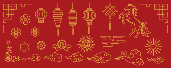 Chinese New Year gold line art elements on red background. Set of icons with lanterns, horse, cloud, flower, plum blossom, firework, knot, coin, and traditional ornament for lunar new year celebration