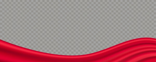Red satin wavy border isolated, flowing silk fabric wave at the bottom with smooth folds on transparent background with copy space. Editable vector illustration.