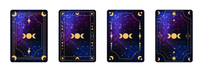 Set of mystical tarot card back designs with triple moon goddess symbol golden ornamental frames and cosmic galaxy purple blue starry background. Editable vector illustration. 