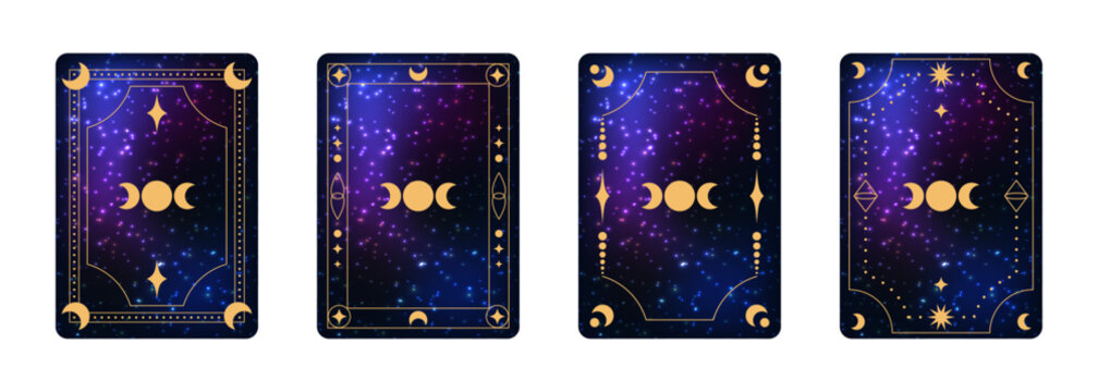 Set of mystical tarot card back designs with triple moon goddess symbol golden ornamental frames and cosmic galaxy purple blue starry background. Editable vector illustration. 