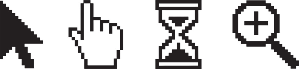 Pixel style mouse cursor icon set in silhouette vector format for digital interface design.