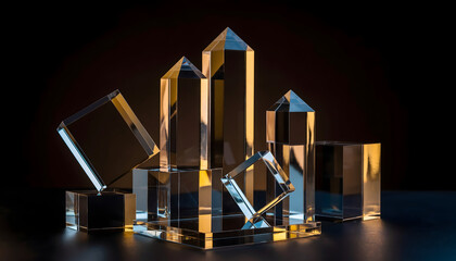 Arrangement of clear geometric glass prisms and cubes illuminated with warm golden and cool blue light against a dark backdrop suggesting a futuristic cityscape or abstract formation