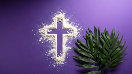 Purple Cross with Palm Leaves on Violet Background