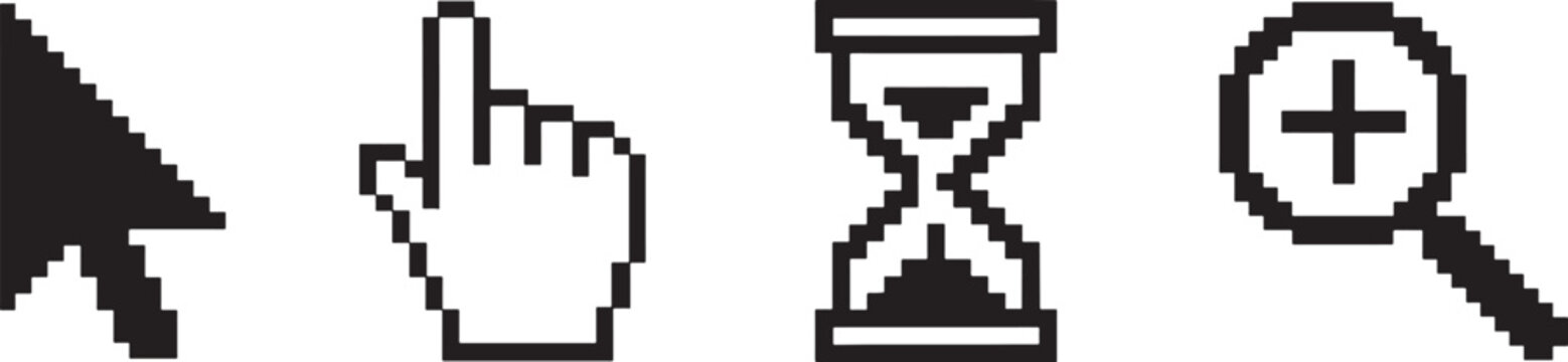 Pixel style mouse cursor icon set in silhouette vector format for digital interface design.