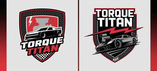 Torque Titan racing shield logos with supercharged car, lightning bolt and tire tread, bold performance motorsport crest set for teams, shops and merchandise