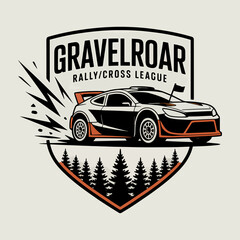 Gravelroar rallycross shield logo with off‑road car, flying gravel and pine forest, rugged dirt racing league crest; vector badge for clubs, events, apparel