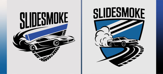 Slidesmoke drift crest logos with sliding coupe and tire smoke on winding track, street‑racing badge set; vector marks for teams, meets, decals and stickers