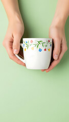 Woman hands holding white floral mug on green background