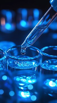 A laboratory pipette dropping a liquid into a petri dish with blue light reflections