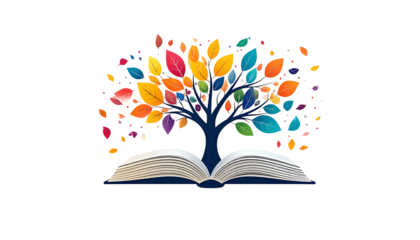 An open book sprouting a tree with colorful leaves against a black background