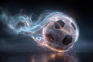 A football surrounded by swirling neon particle trails