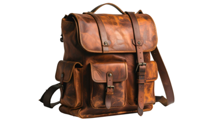 Rugged brown leather backpack with multiple pockets, buckles, and adjustable straps