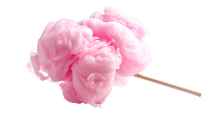Fluffy pink spun sugar treat on a wooden stick, isolated on a black background