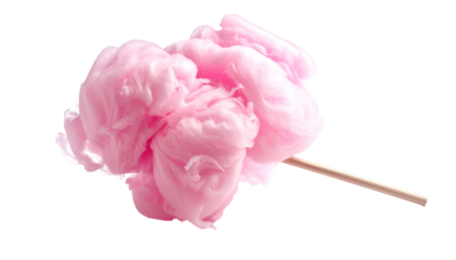Fluffy pink spun sugar treat on a wooden stick, isolated on a black background