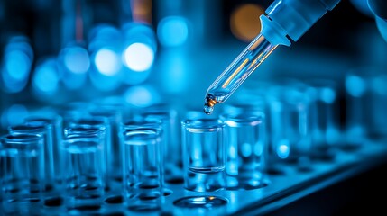 A laboratory pipette dropping liquid into a test tube in a blue lit laboratory setting with multiple tubes