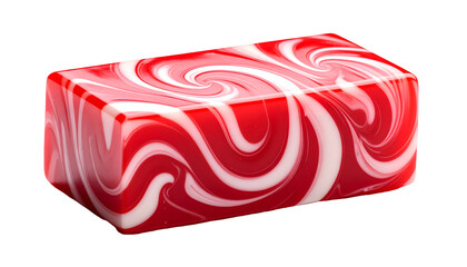 A shiny, red and white swirled rectangular confection on a black background