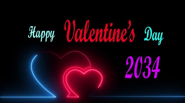 Neon glowing two love hearts animation for Valentine&rsquo;s Day 2034 celebration, romantic one line drawing heart symbol with bright modern neon glow.