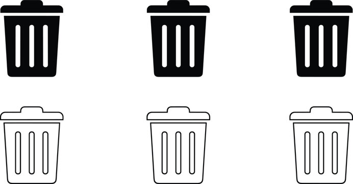 Trash can icon set with black solid and thin outline recycle bin symbols for digital interface and web design.