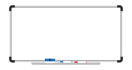 Horizontal whiteboard frame, blank dry erase board with marker tray and eraser isolated on transparent background for office meeting presentations