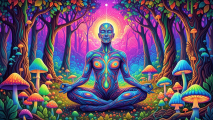 Psychedelic illustration of a human figure meditating in lotus position surrounded by vibrant glowing mushrooms and colorful swirling trees in a mystical neon forest at night