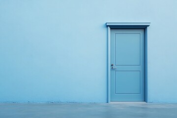 A light blue door with a silver handle is set into a matching blue wall and floor