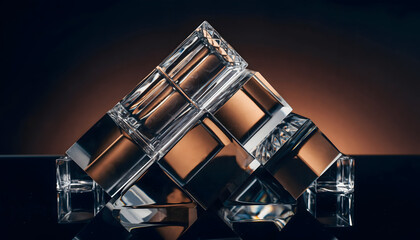 Abstract geometric sculpture made of clear crystal cubes and golden reflective surfaces arranged in a pyramid formation on a dark reflective surface with dramatic studio lighting and a warm gradient