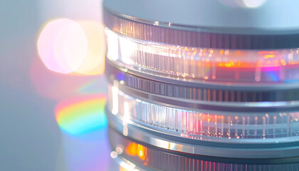 Light Symphony: The image showcases a collection of transparent petri dishes, their edges reflecting light and casting vibrant colors against a blurry backdrop.