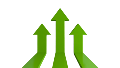 Three bright green arrows pointing upward against a dark black background, 3D rendered