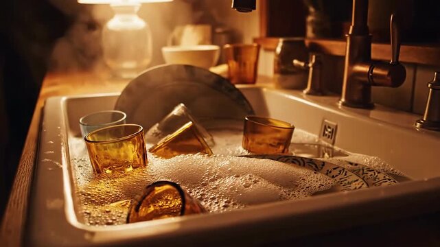 Warm Hues And Bubbles A Still Life Of Washing Dishes And Vintage Amber Glassware In Sink