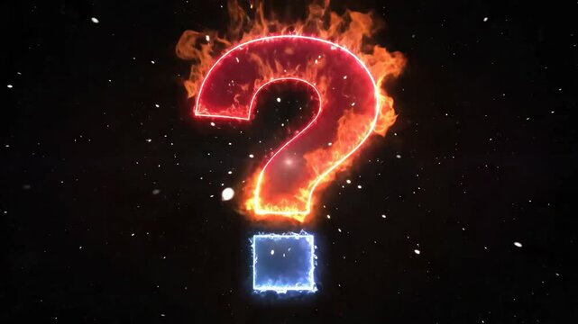 Flaming question mark with a glowing base hovers on a dark, starry background.