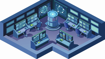 Obraz premium Isometric view of a futuristic control room with advanced technology displays