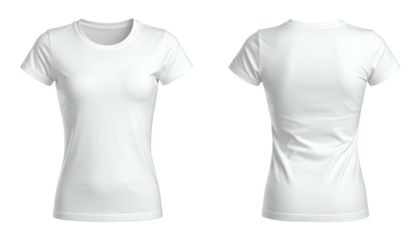 Front and back views of a fitted, plain, white, short-sleeved t-shirt on a transparent background