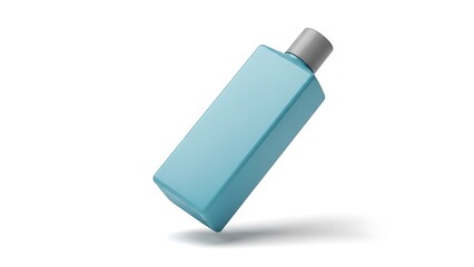 Blue plastic cosmetic bottle with silver cap floating on white background