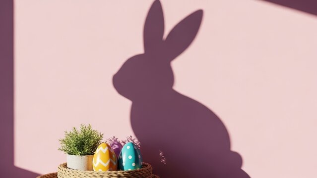 A basket of colorful Easter eggs and a small plant casting a bunny shadow on a pink wall