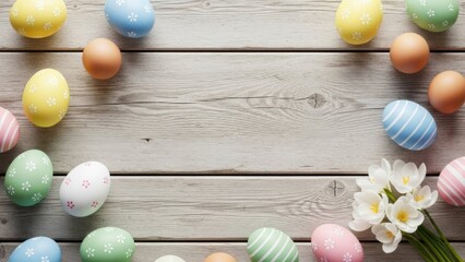 Obraz premium Colorful Easter eggs and flowers arranged on a rustic wooden background for springtime celebration