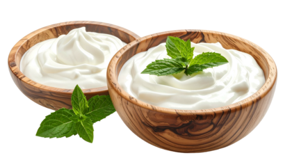 Two wooden bowls filled with creamy white dairy product, garnished with fresh green leaves