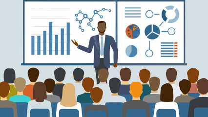 A business professional presenting data analysis and charts to a seated audience