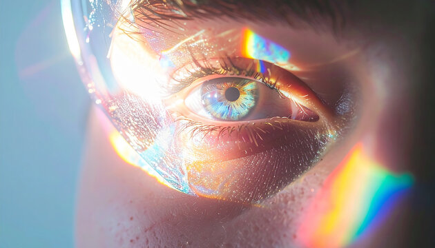 Intriguing Glimpse: A close-up showcases a captivating eye, reflecting an array of colors through a prismatic lens.