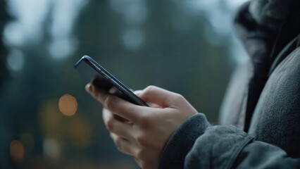 Hand Holding Mobile Phone Outdoors with Blurred Background, Digital Communication and Modern Lifestyle Concept, Generative AI