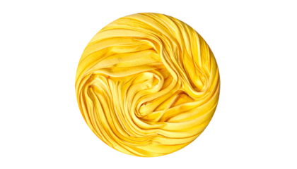 A circular close-up of golden, ribbon-like pasta, centrally framed against a black backdrop