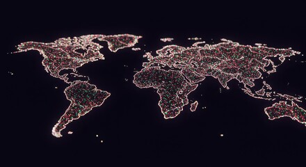 Glowing digital world map displays interconnected global data points against a dark background
