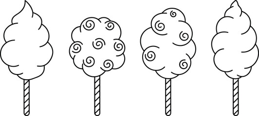Cotton candy line icon set with sweet sugar clouds on sticks for carnival fair amusement park dessert design.